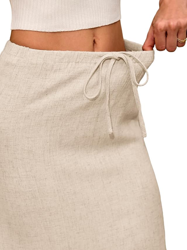 Detalle de ELLEVEN Linen Flared Maxi Skirt with Back Slit (Elastic Waist Drawstring, Ankle-Length)