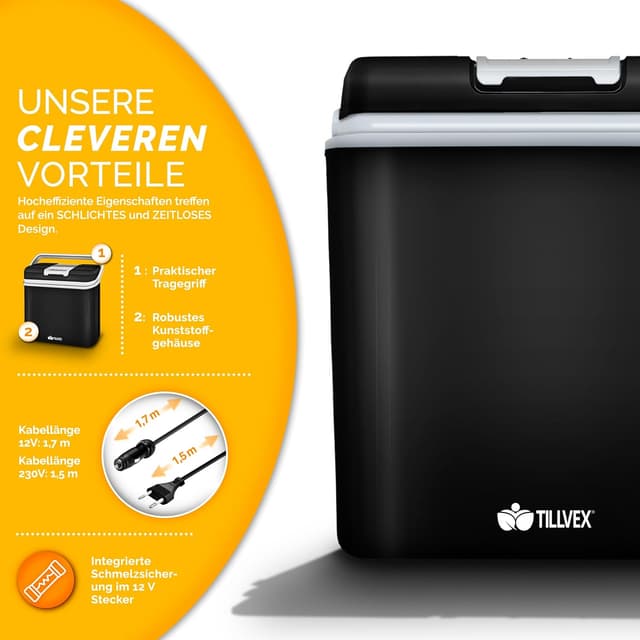 Detalle de tillvex Kühlbox elektrisch 24L – Mini-Kühlschrank 230 V & 12 V (kühlt & wärmt), ECO-Modus