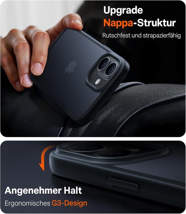 Detalle 2 de TORRAS Guardian Schutzhülle für iPhone 17 mit Kameratastenschutz – stoßfest, 9H+ kratzfest, transluzente Rückseite (matt schwarz)