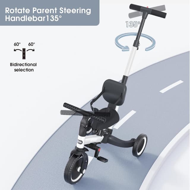 Detalle de newyoo 5-in-1 kids trike with parent handle, safety belt and pedals (TR007) – White