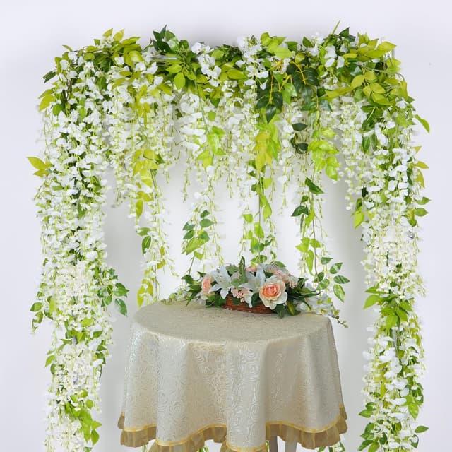 Detalle de Lvydec Wisteria Artificial Flowers Garland (4 Pack) — White Silk-Style Hanging Vine Decor for Weddings & Outdoor Ceremonies