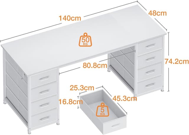 Detalle de Coleshome Schreibtisch mit 8 Stoff-Schubladen (140 x 48 cm) – weißer PC- & Bürotisch für Homeoffice