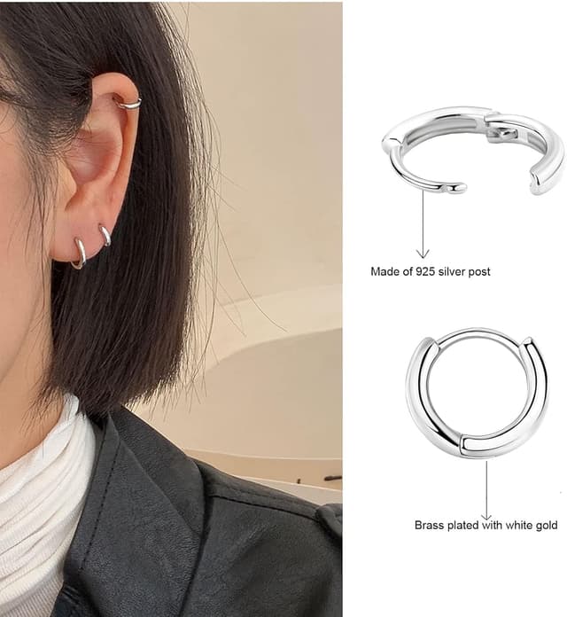 Detalle 2 de Silber 925 Creolen-Set (3 Paar) – kleine Huggies & Helix/Tragus Ohrringe mit 14 Karat Weißgold-Überzug