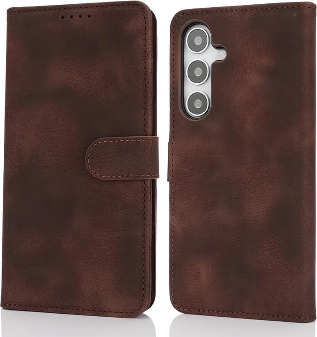 Detalle de Zouzt Hülle für Samsung Galaxy S25 Plus – stoßfeste PU-Leder Flip-Hülle mit Kartenhalter & verstellbarem Stand (Vintage Dunkelbraun)