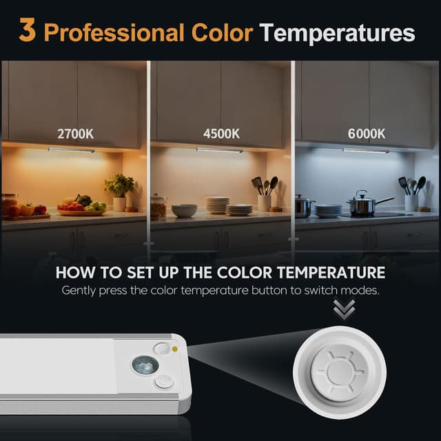 Detalle de Motion Sensor Under Cupboard Kitchen Lights 20cm – 3-Colour Rechargeable LED Strip Light, Dimmable (3 Pack)
