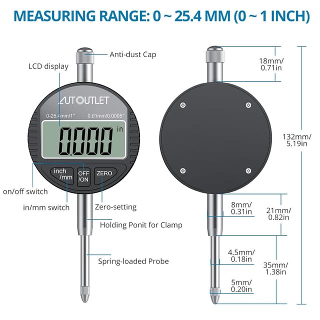 Detalle de Electronic Digital Dial Indicator Gage with 132lbs Magnetic Base, 0-1 Inch (25.4mm) | Switchable Metric/Imperial