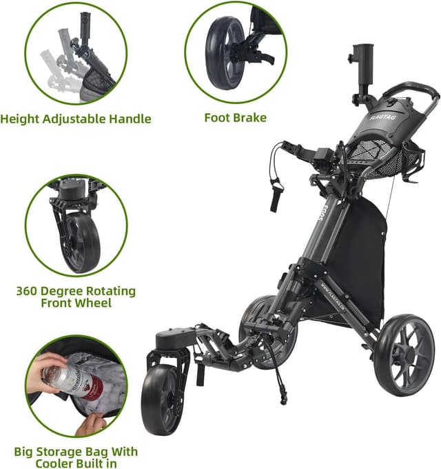 Detalle de FLAGTAG 3-Wheel Golf Push Cart with 360 Swivel Front Wheel and One-Click Fold