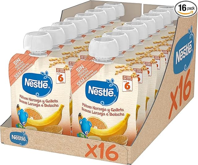 Imagen de Nestlé Papillas Bolsitas Plátano, Naranja y Galleta, 90 g (16 uds) 🥄 en OfertitasTOP