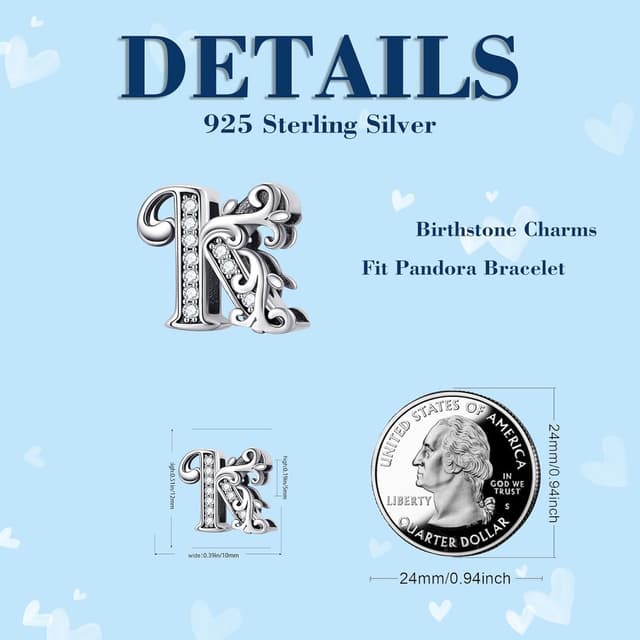 Thumbnail 6 de FLUFLO Charm Anhänger Damen Buchstabe A–Z aus 925 Sterling Silber mit Zirkonia (X240) für Pandora-Style Armbänder und Halsketten