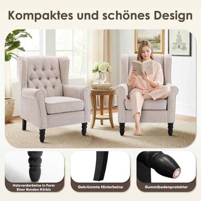 Thumbnail 3 de COLAMY Mid-Century Modern Wingback-Sessel mit Knopfsteppung & Massivholzbeinen, Beige