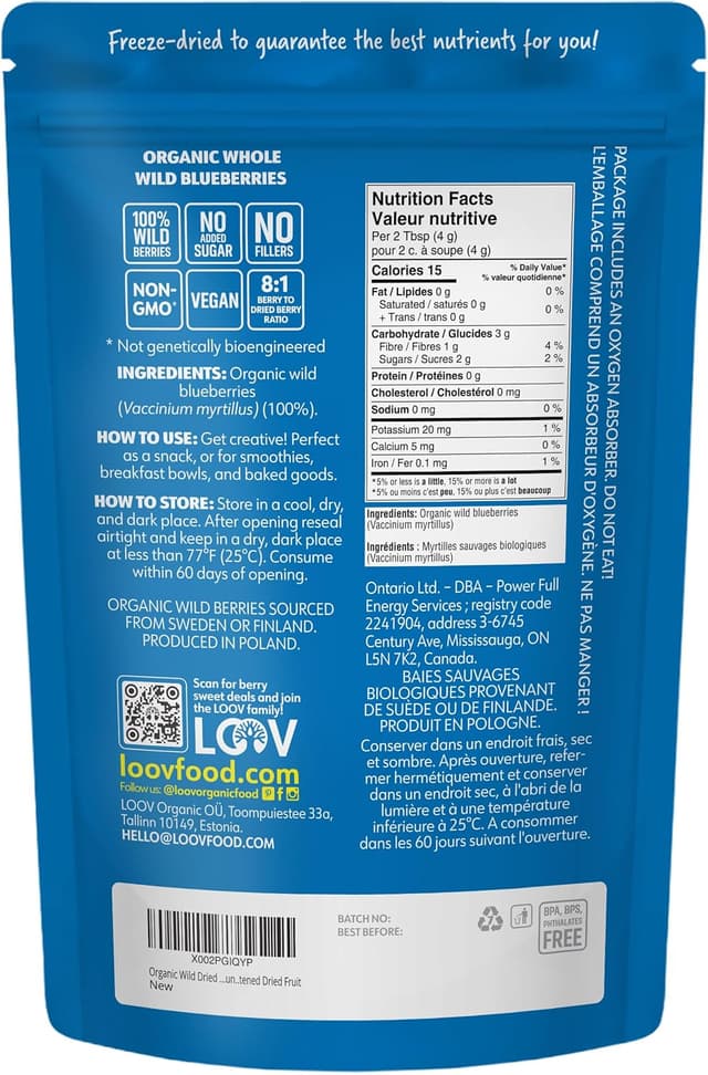 Detalle 2 de Arándanos Secos Orgánicos LOOV Silvestres 🍇 Sin Azúcar 113g