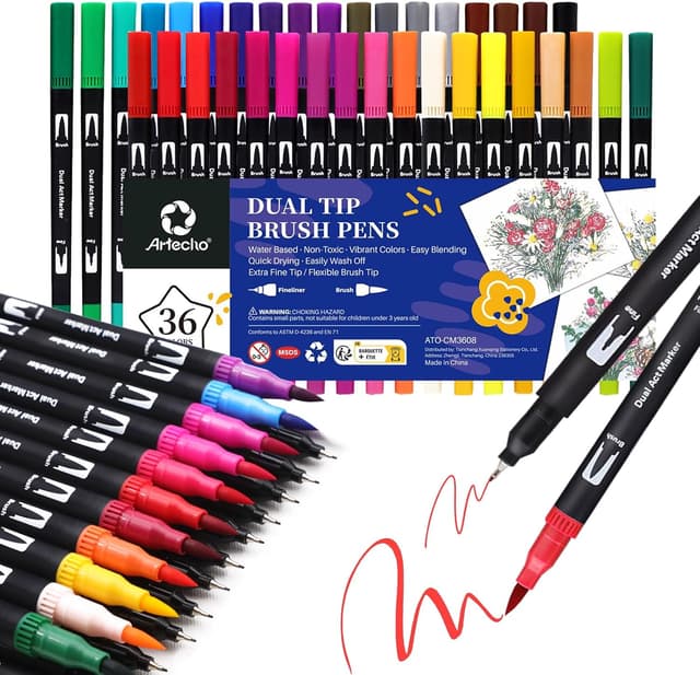 Detalle de Artecho 36 Dual Tip Brush Pens – felt fineliner and 1–2mm brush tips for colouring, sketching & calligraphy