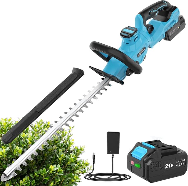 Detalle de LEEIKOO Cordless Hedge Trimmer with 51cm Dual Action Blades, 4000mAh Battery & 180° Adjustable Handle