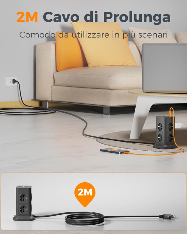 Detalle 2 de TESSAN Ciabatta multipresa verticale con USB 20W, 8 prese IT e protezione da sovratensione (2 m)