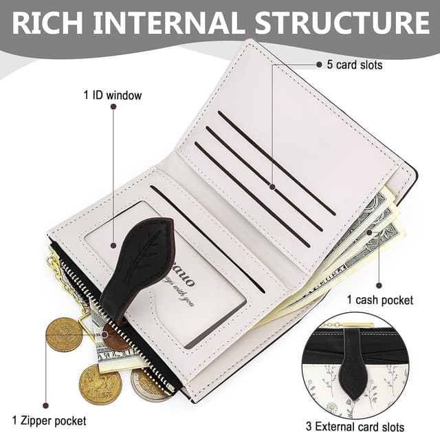 Detalle de Farcauo Mini portefeuille porte-monnaie femme noir à motif floral