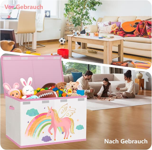 Detalle 2 de VERONLY Spielzeugkiste mit Deckel (83 L), faltbar, mit Tragegriffen – Aufbewahrungsbox für Kinderzimmer (Beige & Rosa)