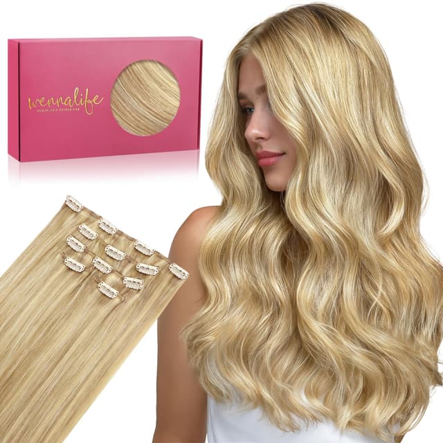 Detalle de WENNALIFE Clip-in Echthaar Extensions 75 g (5 Stück) in Hellblond Highlights/Goldblond