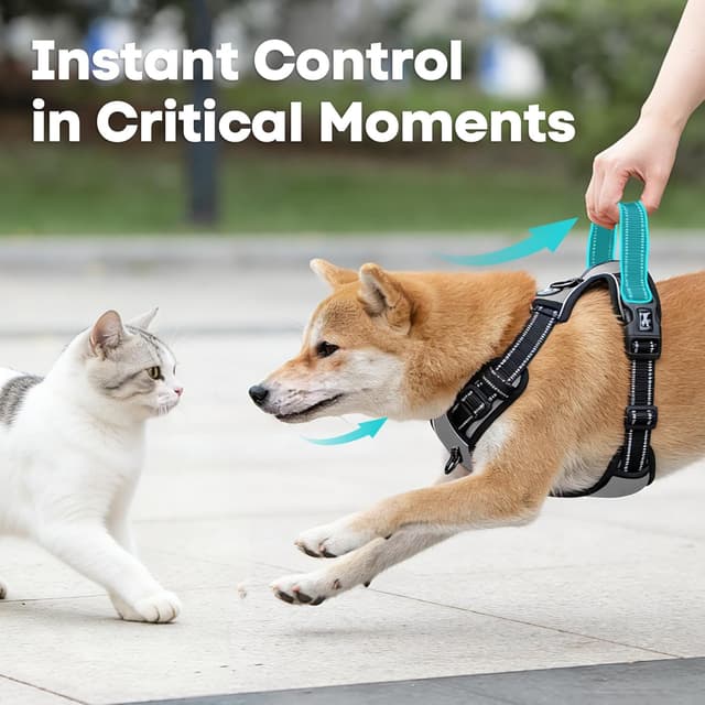 Detalle de PoyPet No Pull Dog Harness (Reflective Vest) with 2 Leash Attachments and Easy Control Handle, Grey