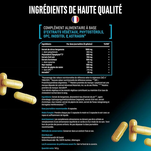 Detalle 2 de Cholest Control 180 gélules — complexe de stérols végétaux et extraits standardisés (lipophytol, bergamote, ail noir, artichaut)
