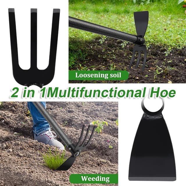 Detalle de Harrms Gartenhacke mit Stiel (116 cm) – Multifunktionale Doppelhacke mit 3 Zinken aus Metall