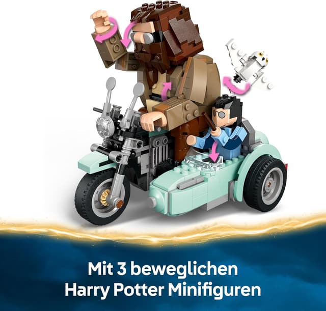Detalle de LEGO Harry Potter 76443 „Hagrids und Harrys Motorradtour“ mit Motorrad, Beiwagen & Eule Hedwig