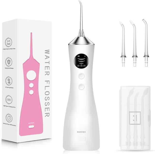 Detalle de BUZHIWU Water Flosser for Teeth Cordless (300ml) – Portable Oral Irrigator with Screen Display, 3 Intensity Modes & Tips