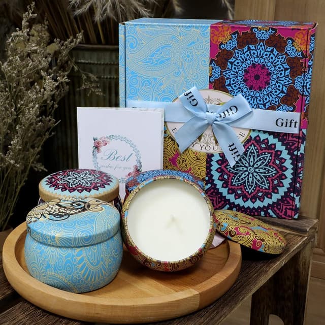 Detalle de Coffret de 4 bougies parfumées à la cire de soja – lot Lavande, Citron, Figue et senteur printanière