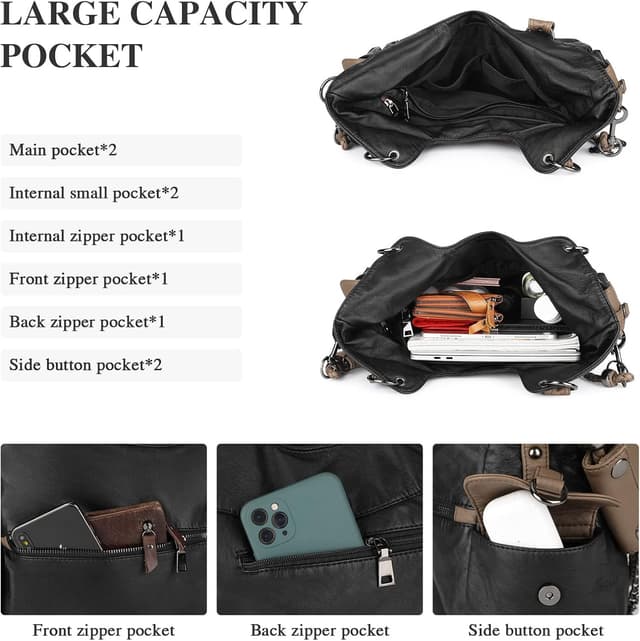 Detalle de VINBAGGE washed vegan leather ladies bag in black – large capacity crossbody/tote with multiple pockets