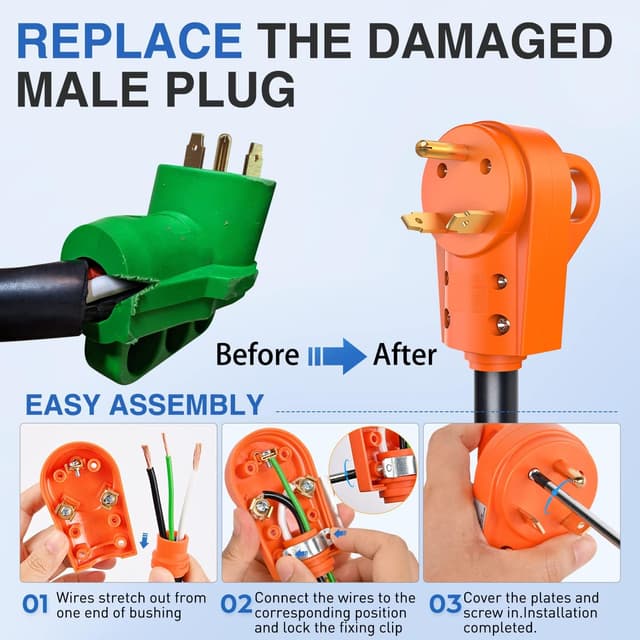 Detalle de Nilight 30 Amp RV Replacement Plug (NEMA TT-30P, 125V) Heavy-Duty Male with Handle