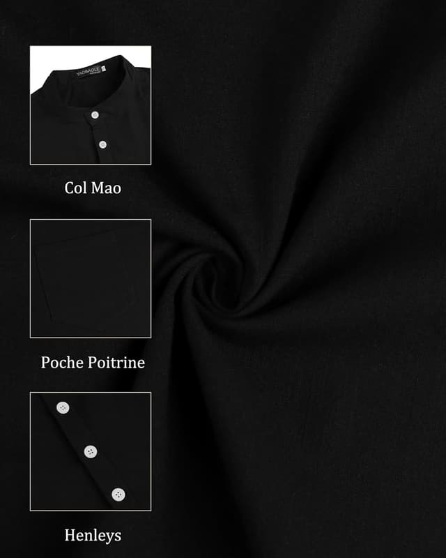 Detalle 2 de Chemise en lin homme YAOBAOLE à col Henley, manches longues – style décontracté d’été