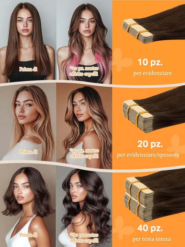 Detalle de DOORES Extension Capelli Veri Remy Biadesive Tape-in Balayage Marrone Cioccolato a Biondo Caramello (45 cm, 40 pz, 100 g)