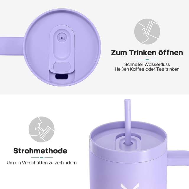 Detalle 2 de Gedux Trinkflasche mit Strohhalm 1,2 l – Thermobecher mit Henkel, doppelwandiger Vakuumisolierung und auslaufsicherem Deckel