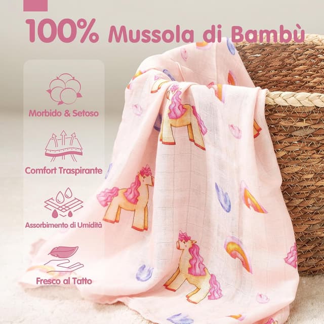 Detalle 2 de Hahaland Mussole Neonato in cotone bambù 100% naturale – Set copertine per fasciare (120x120 cm e 100x95 cm)