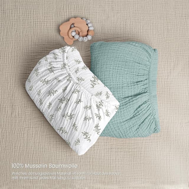 Detalle de lulumoon 2er-Set Kinder-Spannbettlaken aus Musselin (70x140 cm, Grüner Baum)