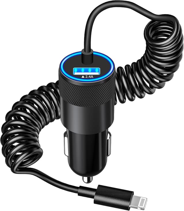 Detalle de Caiinei MFi Certified 4.8A Dual USB Car Charger with 6FT Coiled Lightning Cable