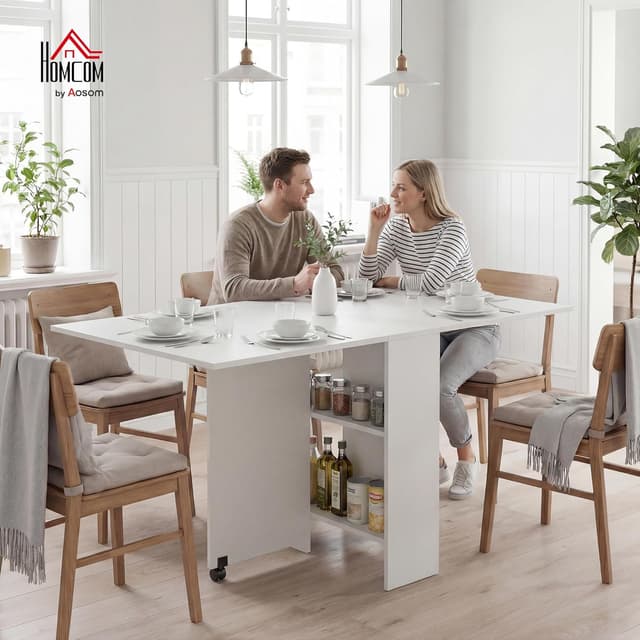 Detalle 2 de HOMCOM Table pliante de cuisine extensible sur roulettes, 2 étagères intégrées, 75 x 140 x 74 cm, blanc