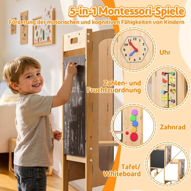 Detalle 2 de SOFTHOM Lernturm klappbar mit 2 höhenverstellbaren Stufen (Montessori, ab 1 Jahr), Birke, mit Sicherheitsnetz