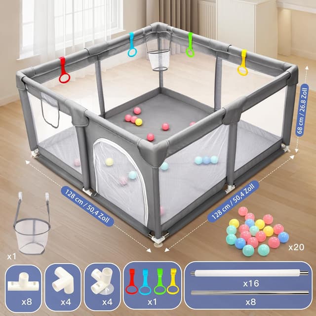 Thumbnail 4 de CHOLY Baby Laufstall 128 × 128 cm Dunkelgrau