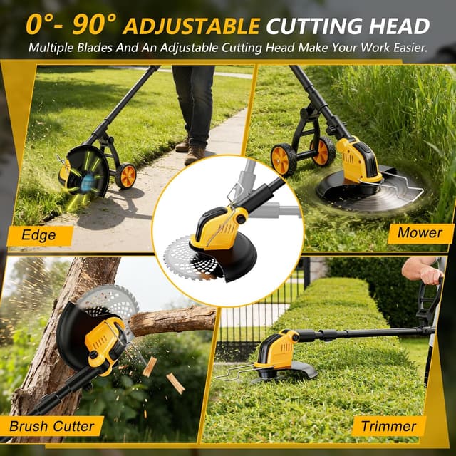 Detalle de 12" Cordless Strimmer with 21V Brushless Motor, 2×3.0Ah Batteries and Charger (4-in-1, Detachable Wheels)