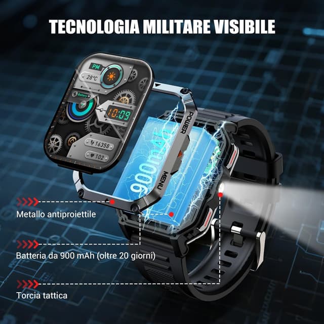 Detalle 2 de IOWODO Smartwatch Uomo Militare 2.01” IP68 con Bluetooth, torcia LED e 123 modalità sportive