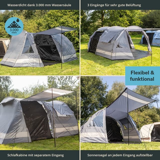 Detalle 2 de Skandika Kambo Tunnelzelt für 4 Personen – Großraum-Familienzelt mit dunkler Schlafkabine