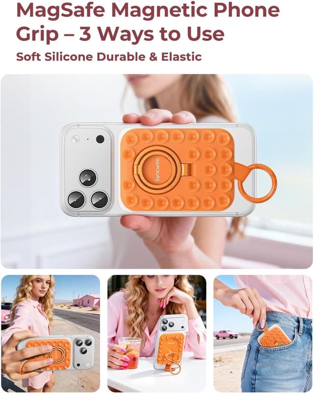 Detalle de Syncwire Magnetic Suction Phone Mount for MagSafe (Orange) with Silicone Octo Cup Grip Ring Holder
