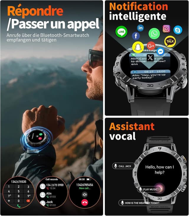 Detalle de LIGE Montre connectée homme militaire EF18-Q (1,7") : appels Bluetooth, 110+ modes sport, IP68