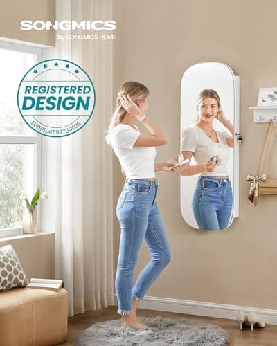 Detalle de SONGMICS JJC026W01: armario para joyas de pared con espejo, luz LED y cerradura