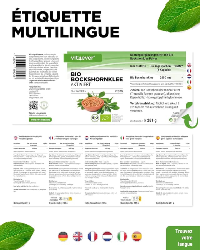 Detalle 2 de Fenugrec Activé Bio – 365 capsules végétaliennes (650 mg/capsule) – Fenugreek certifié bio