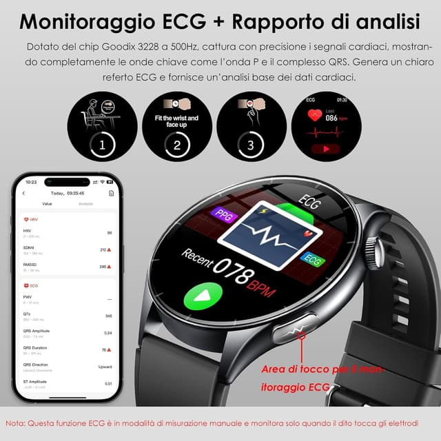 Detalle 2 de Smartwatch uomo 2026 con ECG, glicemia, pressione, sonno e apnea notturna 1,56” AMOLED
