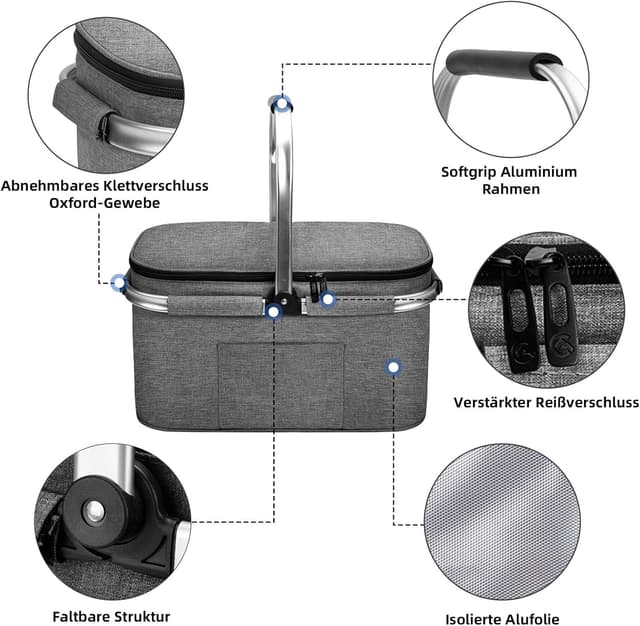 Detalle de ALLCAMP Groß faltbare isolierte Kühltasche mit Einkaufskorb & Deckel (Thermo-Picknickkorb für 2 Personen)