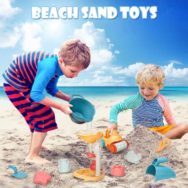 Detalle 2 de Sanlebi Sandspielzeug-Set (14-teilig) mit Eimer, Sandformen und Netzbeutel für den Sandkasten