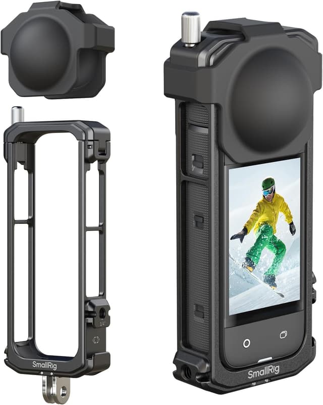 Detalle de SMALLRIG Cage per Insta360 X4 con copriobiettivo in silicone, slitta fredda e foro 1/4”-20-4278