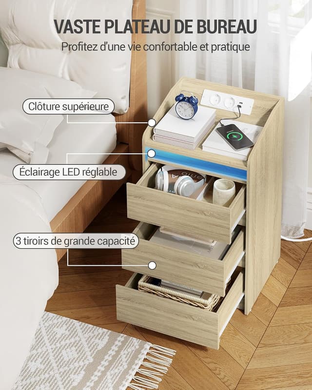 Thumbnail 6 de Hzuaneri NS40016X table de chevet avec 3 tiroirs, station de charge et LED